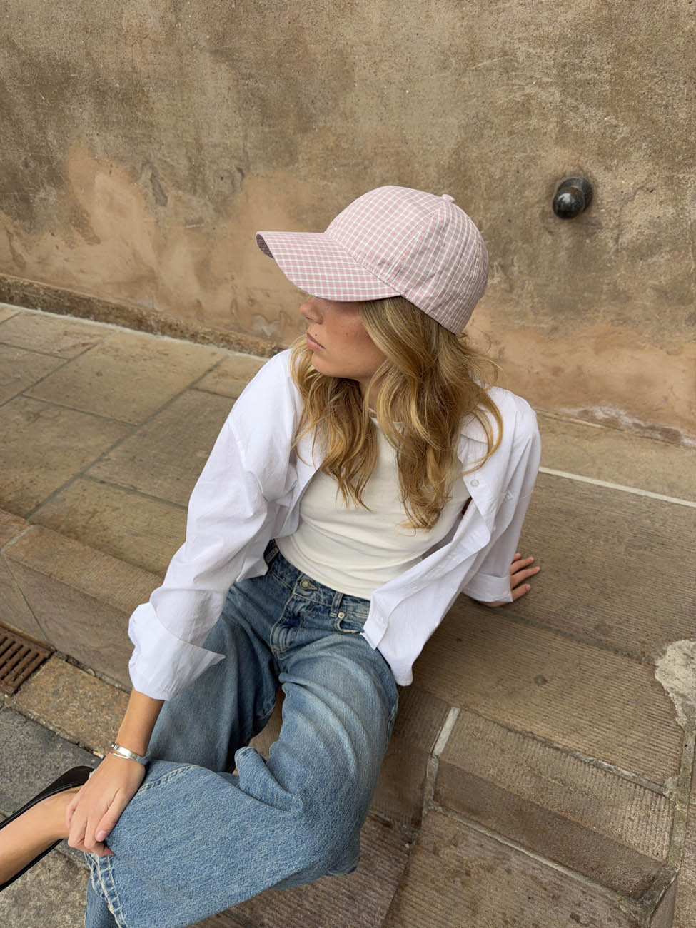 Feline cap with checkers - Light pink/white