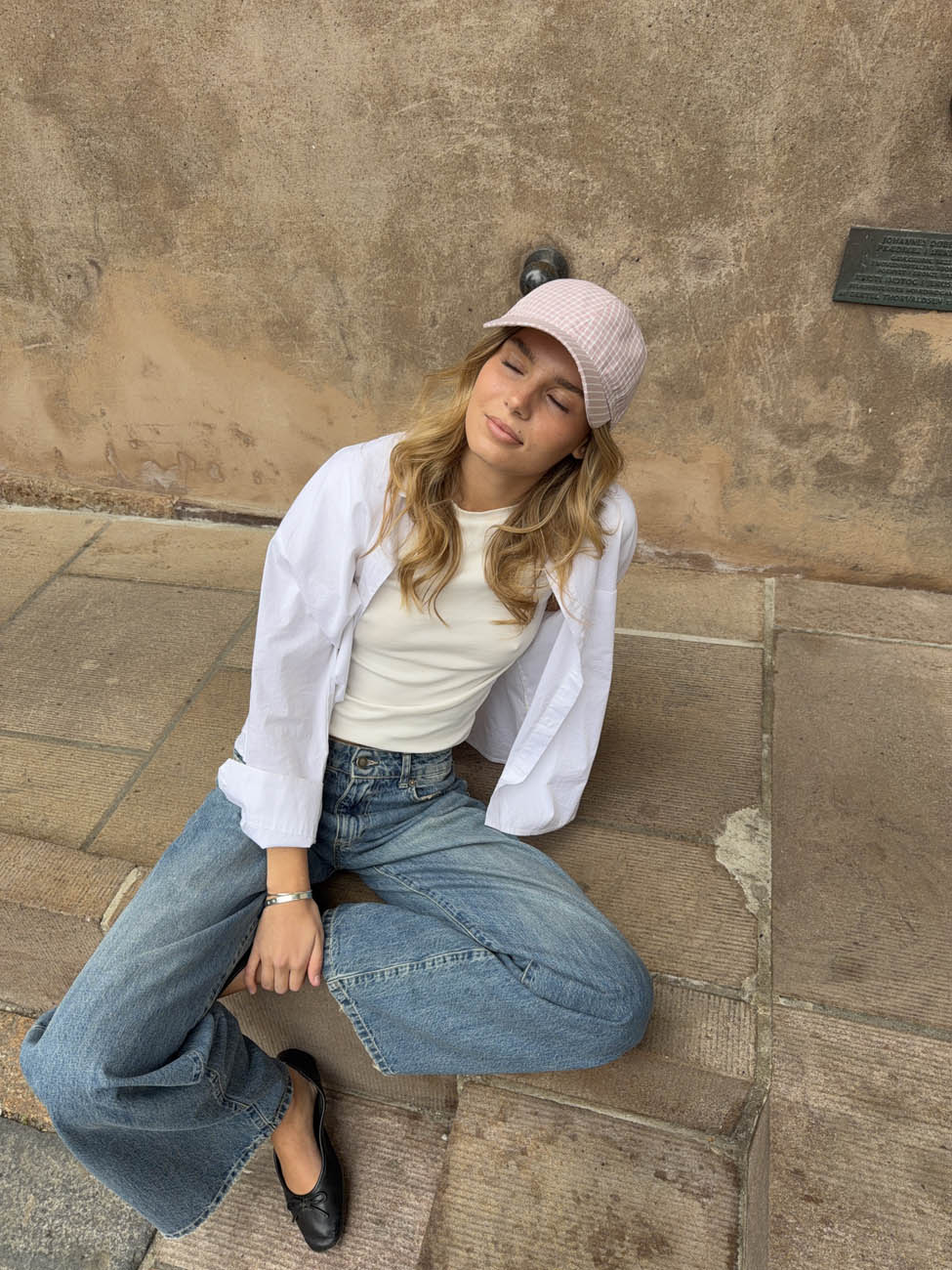 Feline cap with checkers - Light pink/white