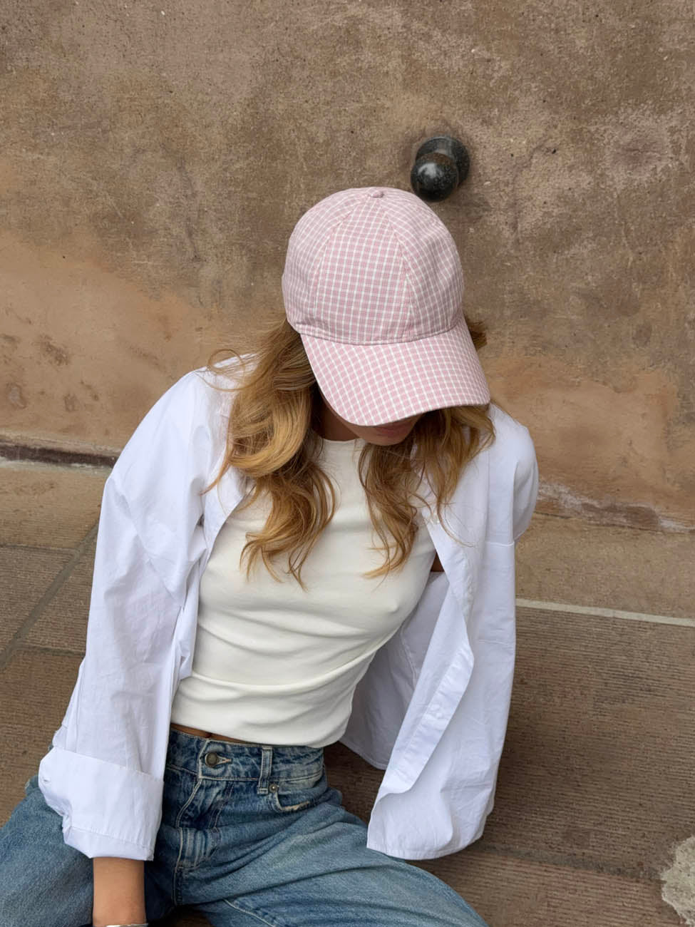 Feline cap with checkers - Light pink/white