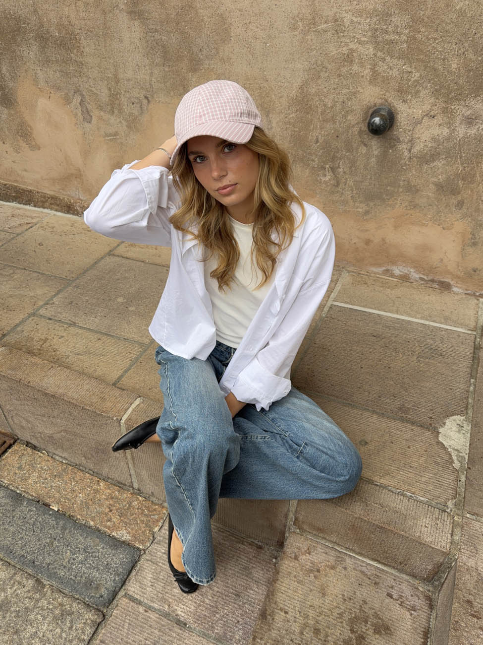 Feline cap with checkers - Light pink/white