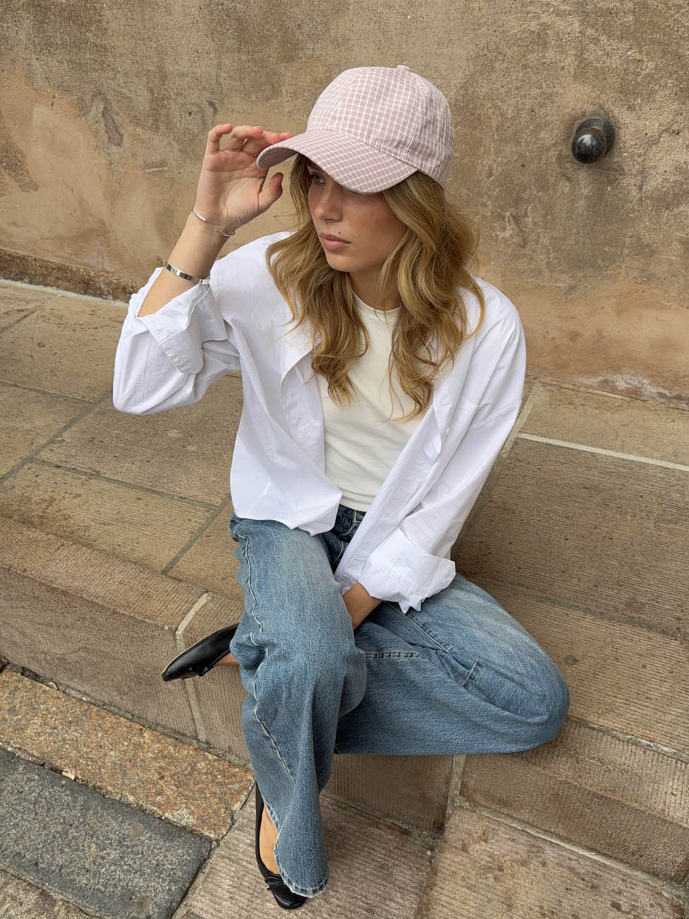Feline cap with checkers - Light pink/white
