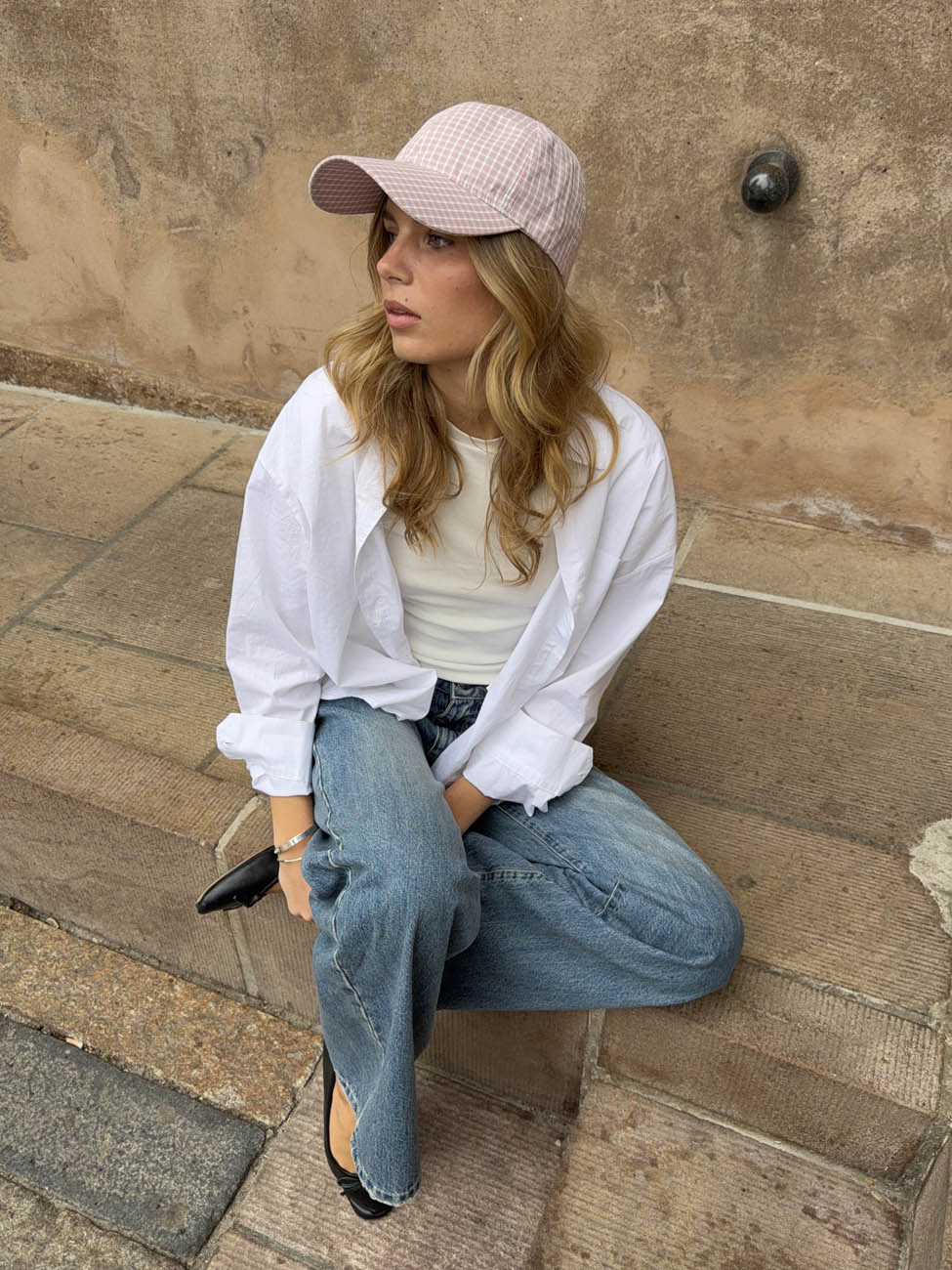 Feline cap with checkers - Light pink/white