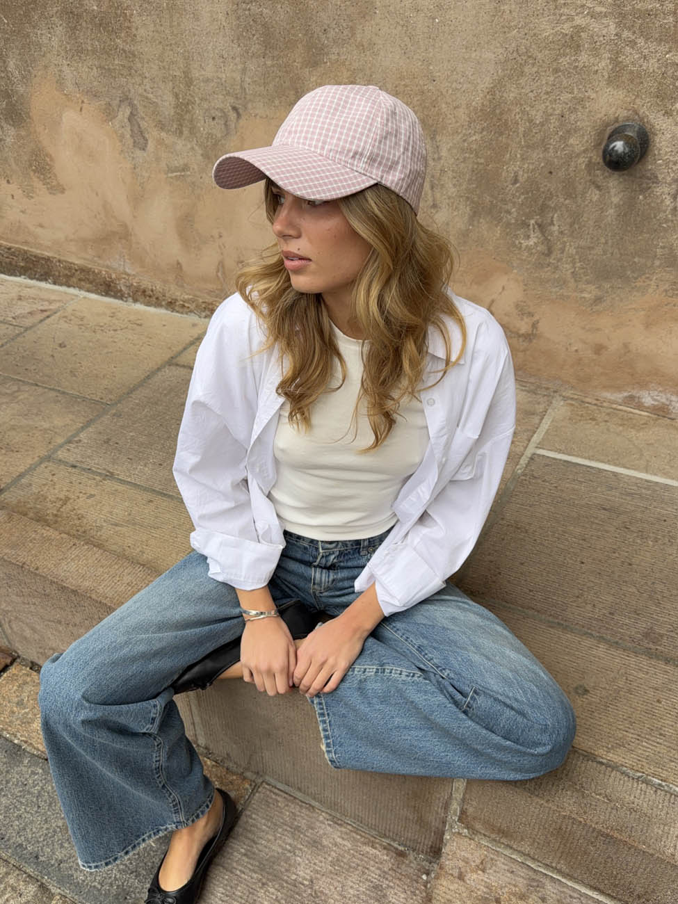 Feline cap with checkers - Light pink/white