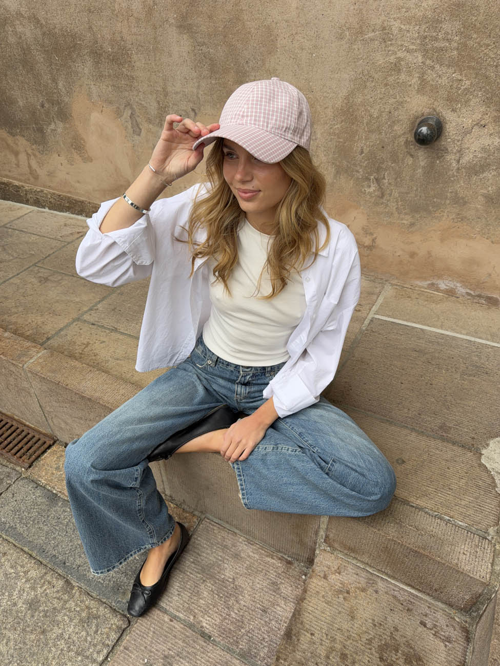Feline cap with checkers - Light pink/white