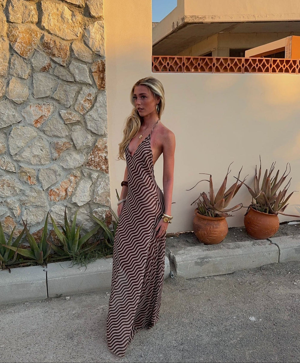 Lunia mesh dress with open back – Brown/off white