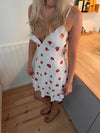 Elodia satin dress with floral print – White/red