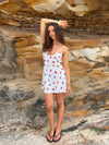 Elodia satin dress with floral print – White/red
