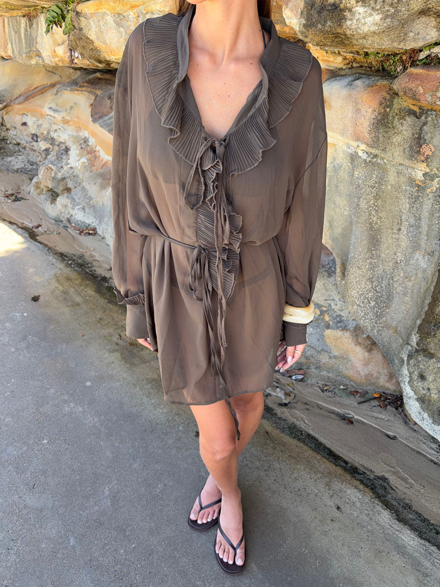 dark brown ruffle dress Ladies - Dark Brown Flounced Strappy Dress - Size: M