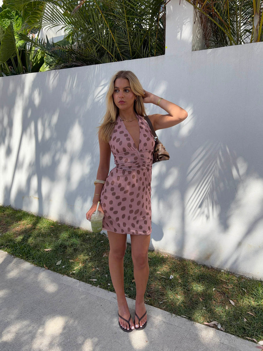 Benita dress with dots – Pink/brown