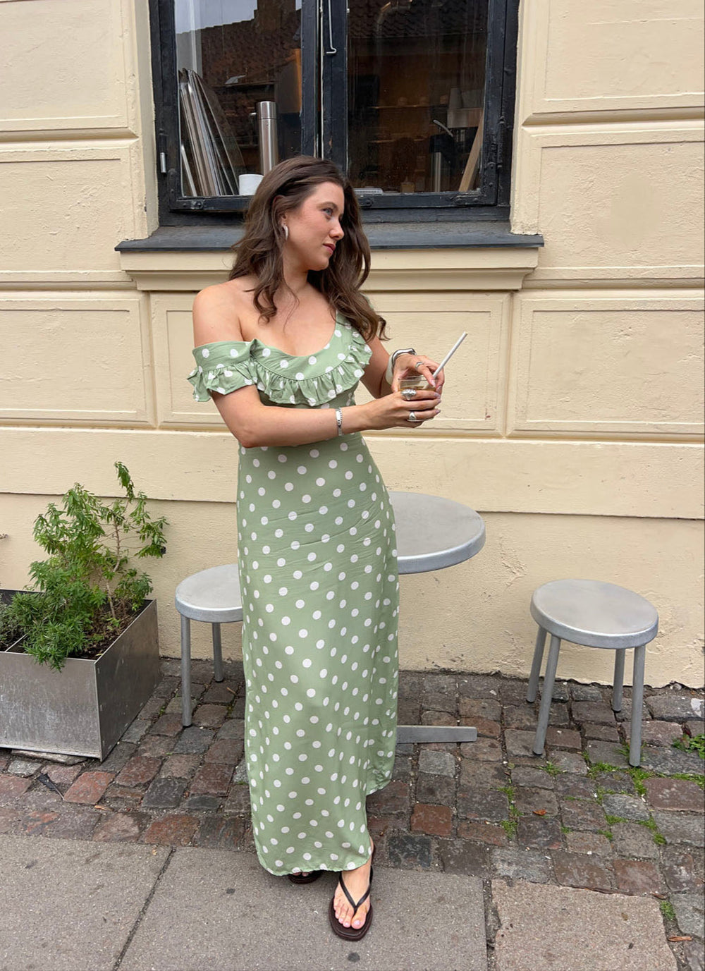 green polka dot off shoulder dress Polka dot green maxi dress for a girly summer outfit