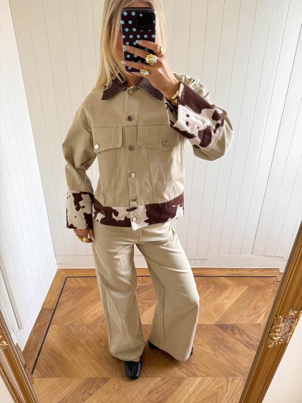 Suiva denim jacket with cow print - Beige/brown/white