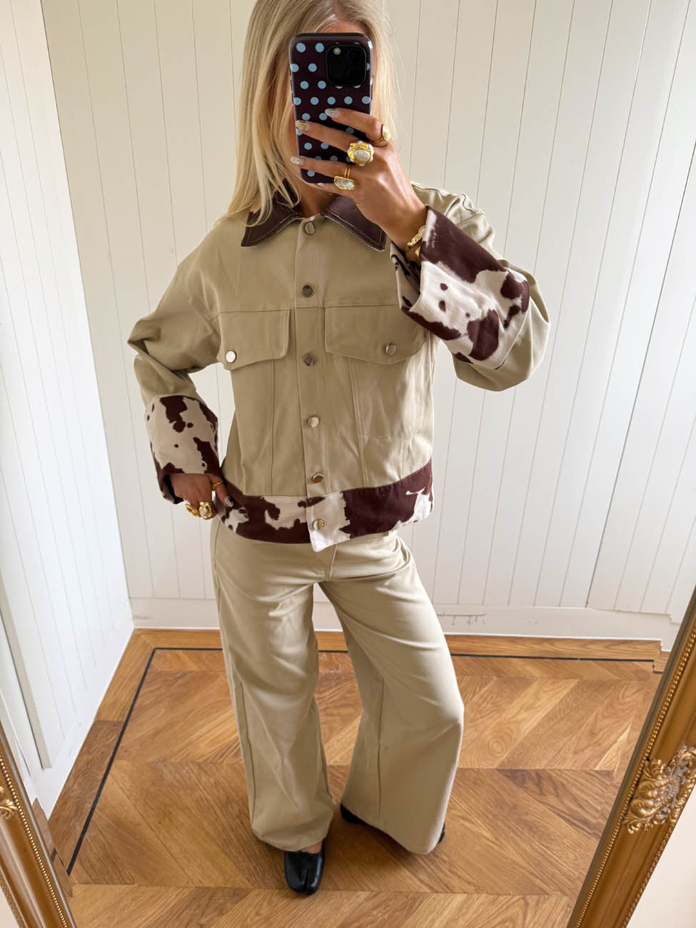 Scandivv denim jacket with cow print - Beige/brown/white