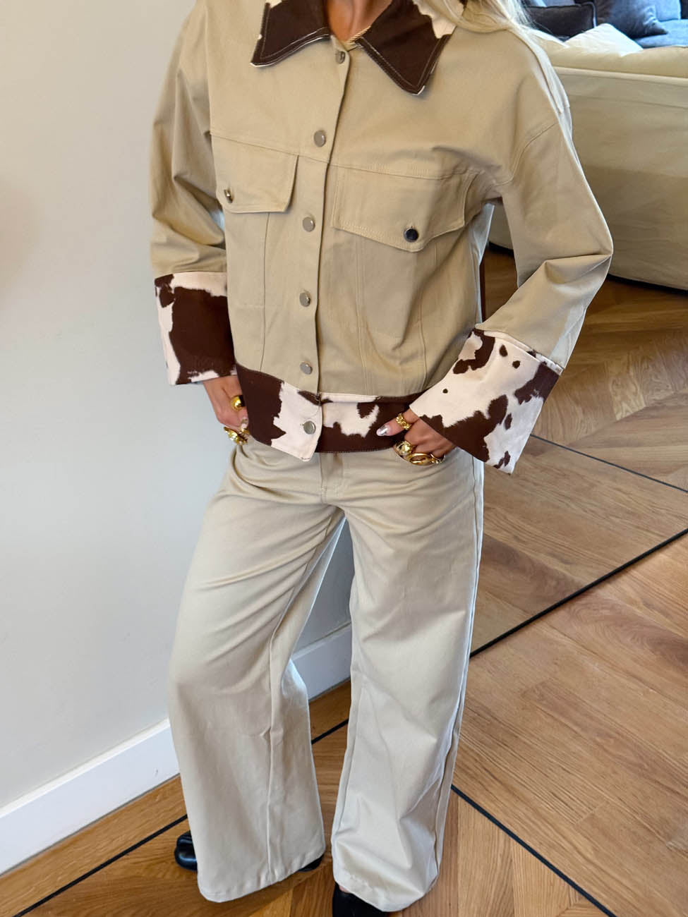 Suiva denim jacket with cow print - Beige/brown/white