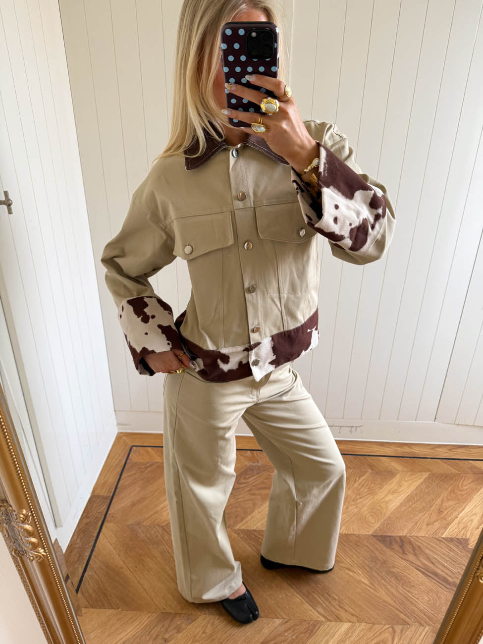 Suiva denim jacket with cow print - Beige/brown/white