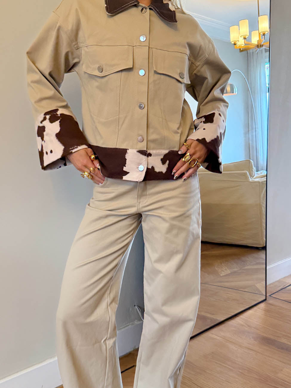 Suiva denim jacket with cow print - Beige/brown/white