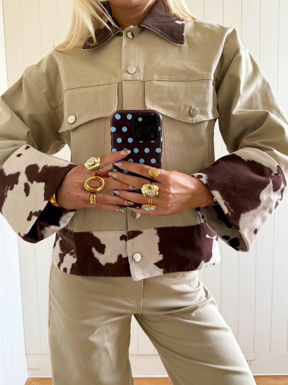 Scandivv denim jacket with cow print - Beige/brown/white