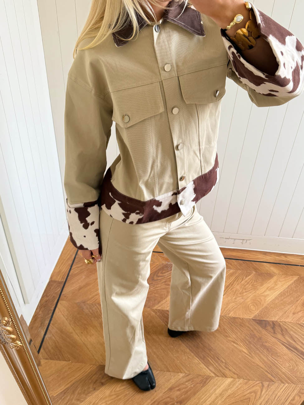 Scandivv denim jacket with cow print - Beige/brown/white
