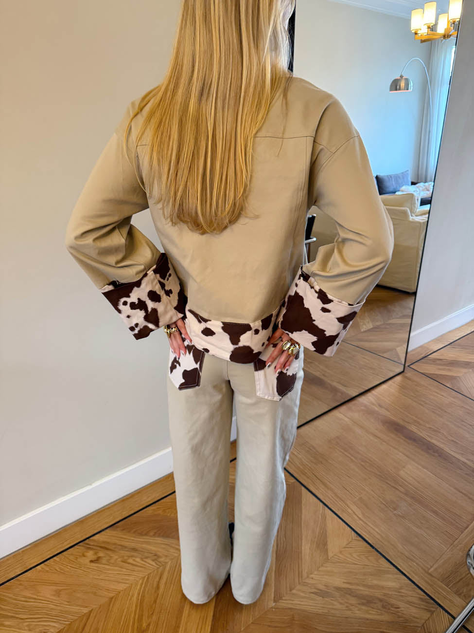 Scandivv denim jacket with cow print - Beige/brown/white