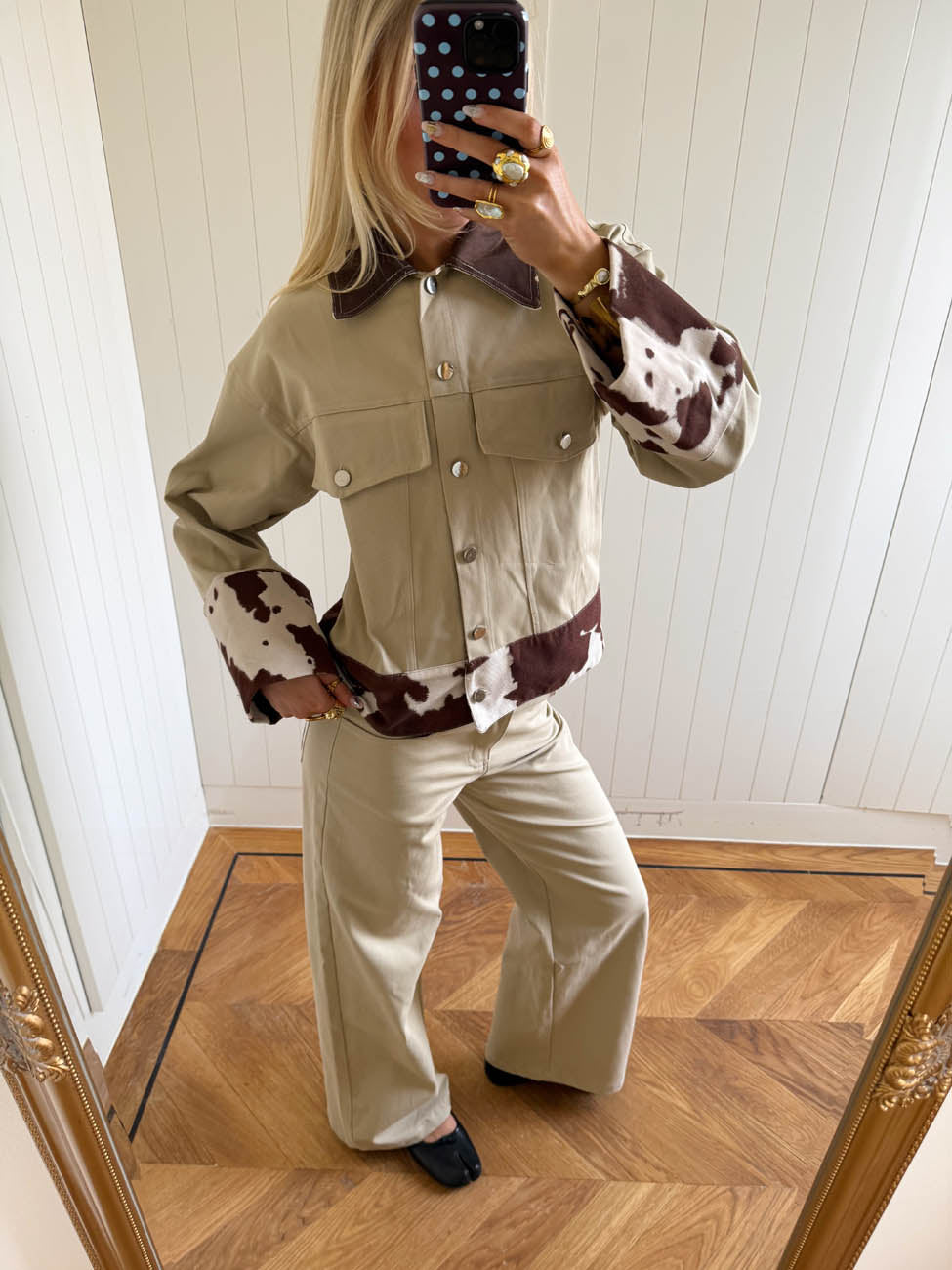 Scandivv denim jacket with cow print - Beige/brown/white