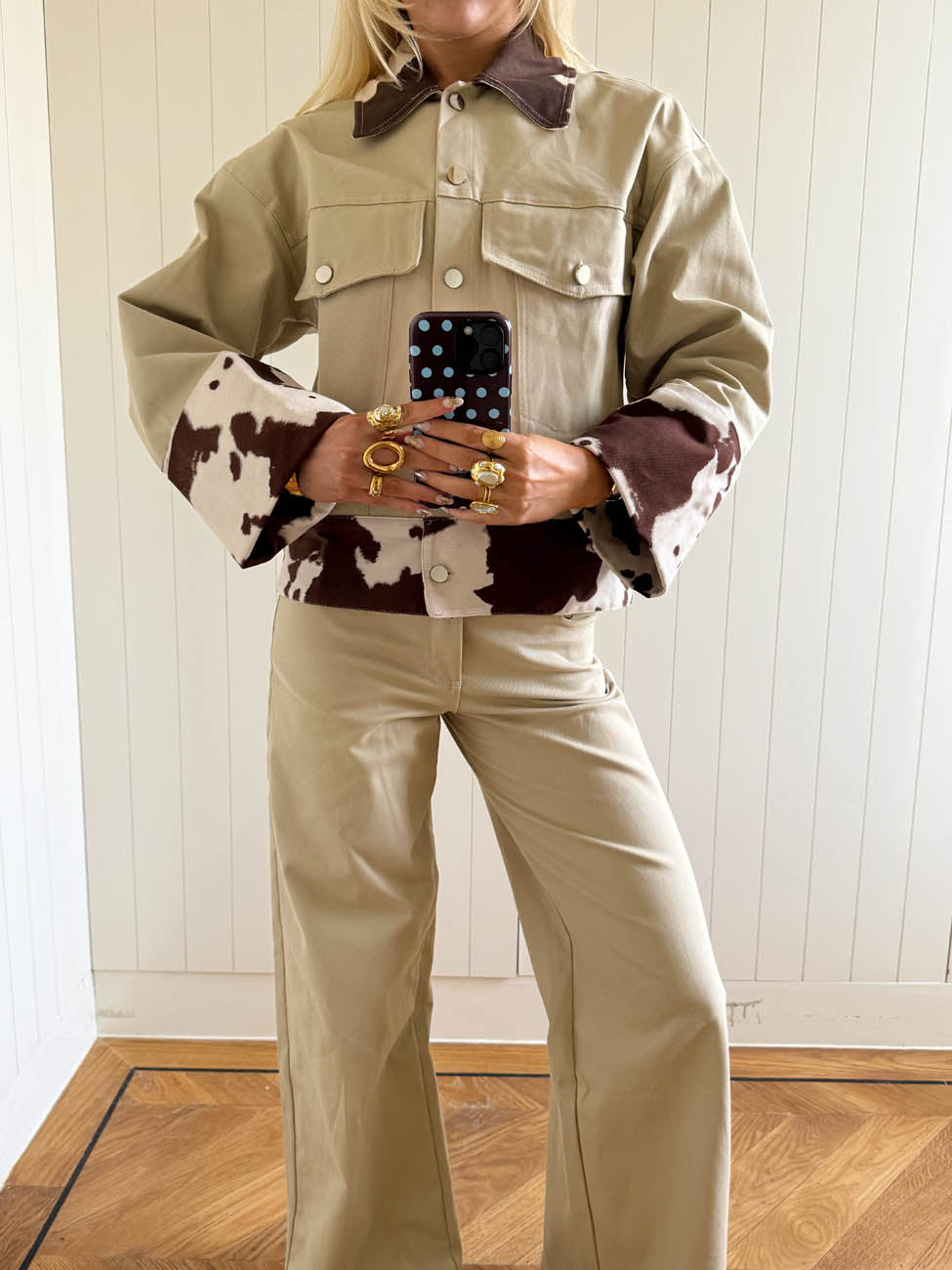 Suiva denim jacket with cow print - Beige/brown/white