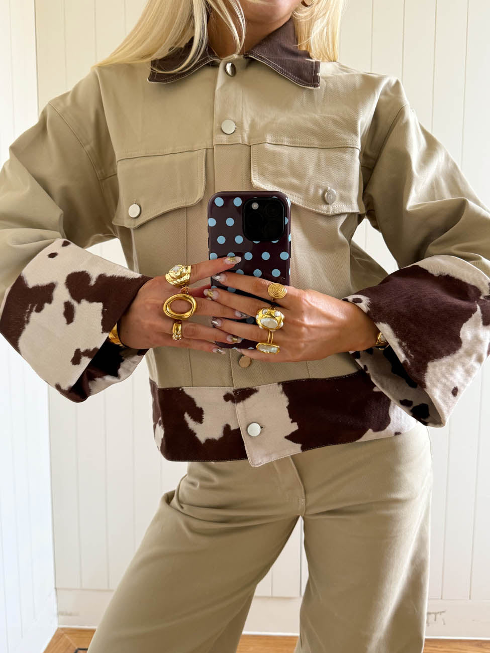 Scandivv denim jacket with cow print - Beige/brown/white