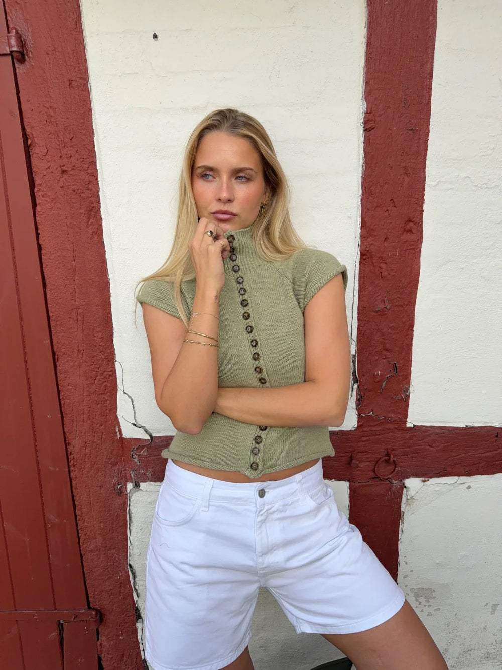 Biona short-sleeved knit blouse - Khaki