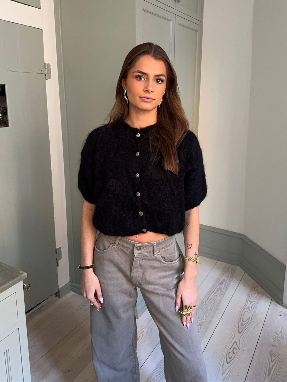 Olivia short-sleeved mohair cardigan - Black