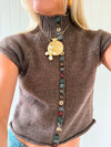 Scandivv short sleeved knit top with buttons - Brown/taupe