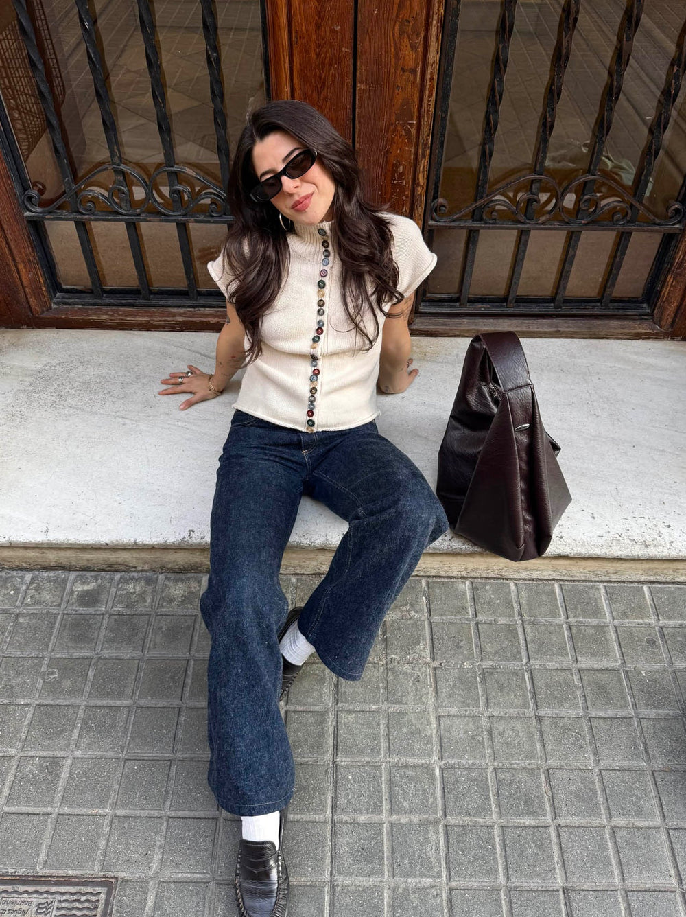 Scandivv short sleeved knit with buttons – Beige/off-white