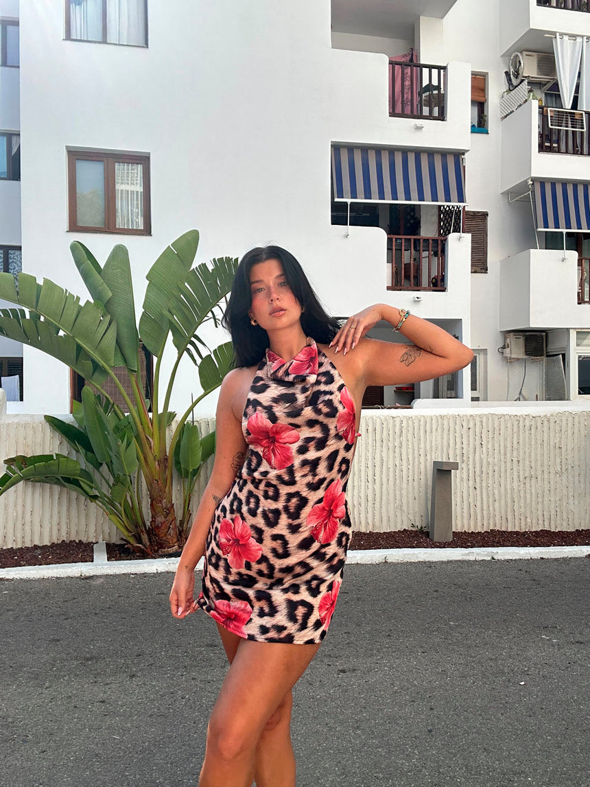 Orchida leopard dress with flowers – Black/brown/pink