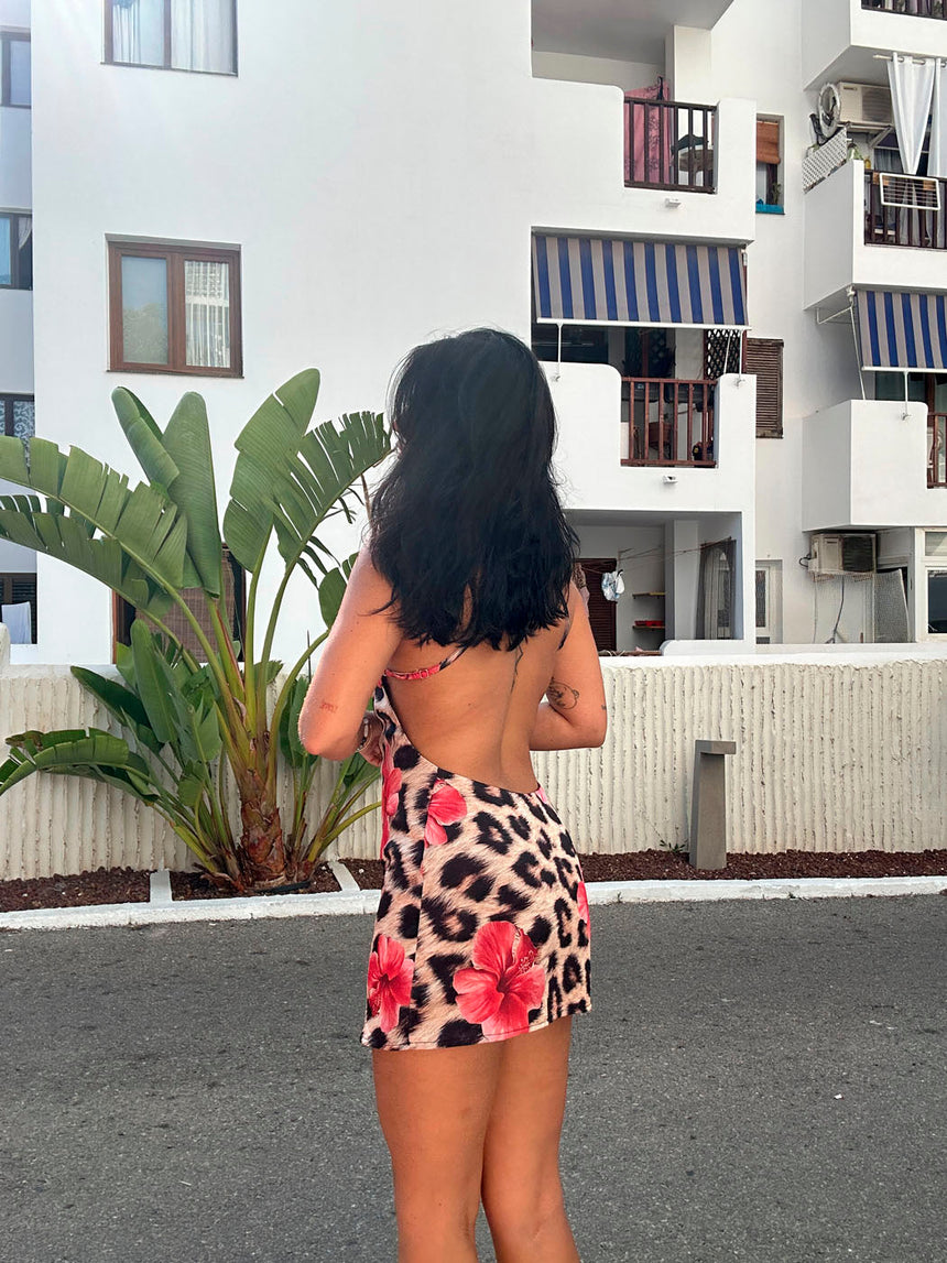 Orchida leopard dress with flowers – Black/brown/pink