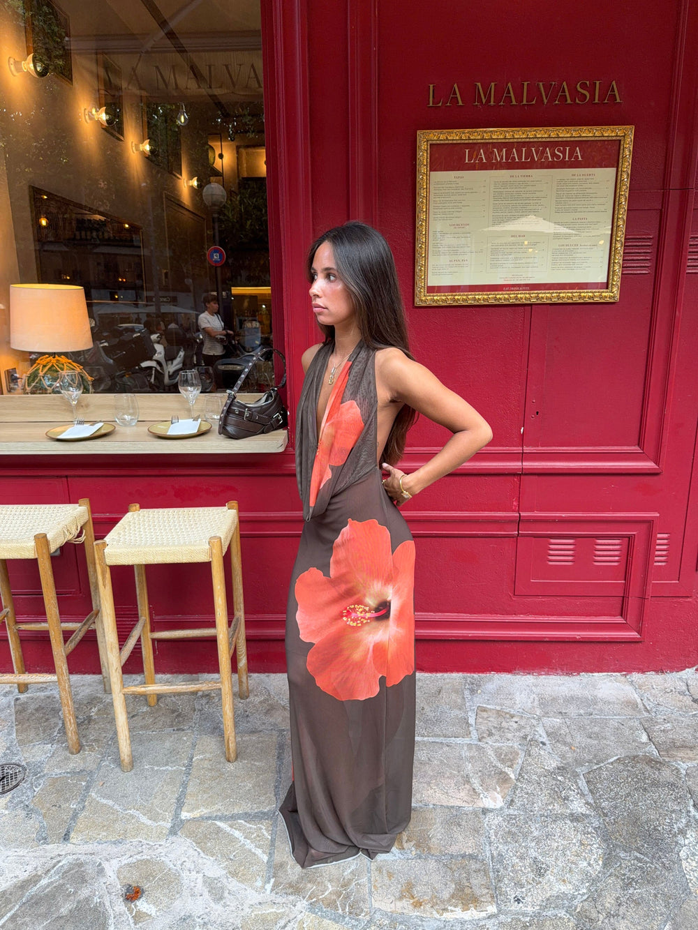 Columbine maxi dress – Brown with red flowers