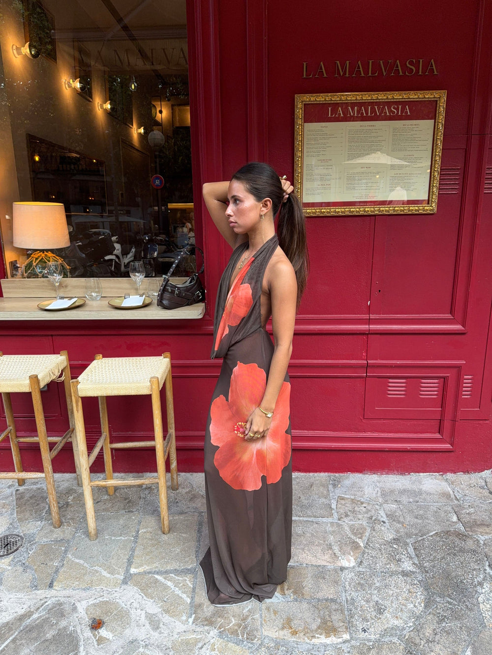 Columbine maxi dress – Brown with red flowers