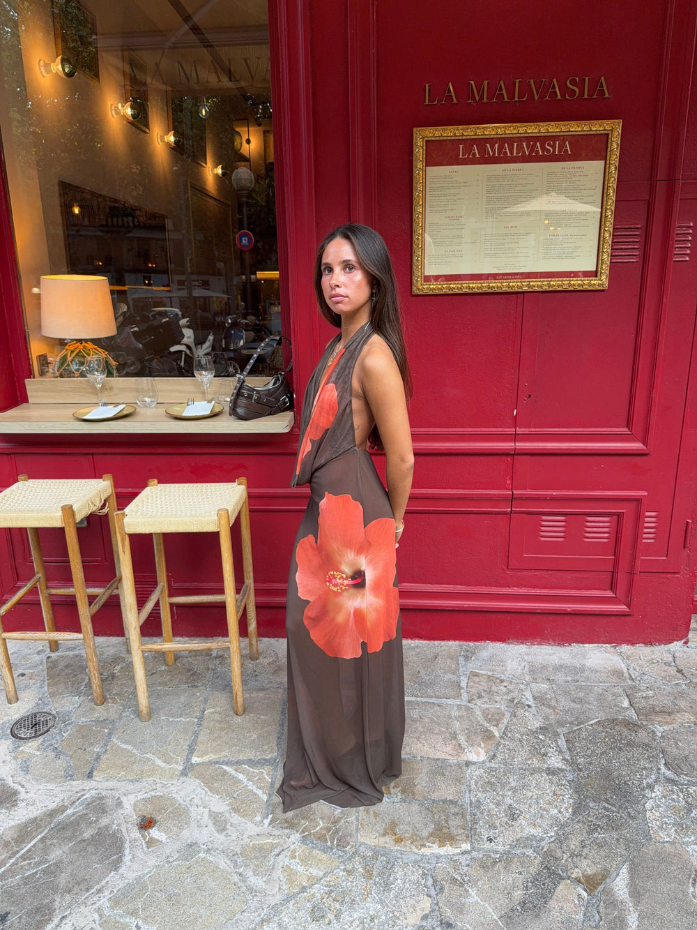 Columbine maxi dress – Brown with red flowers