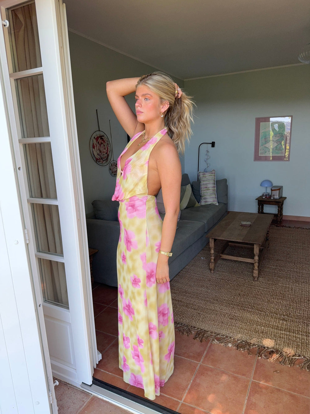 Columbine maxi dress - Yellow with pink flowers