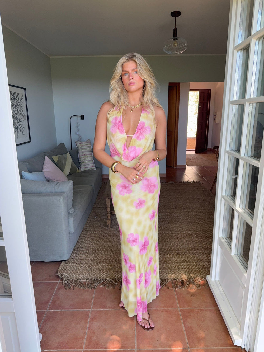 Columbine maxi dress - Yellow with pink flowers