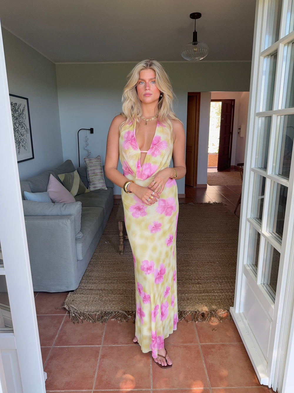 Columbine maxi dress - Yellow with pink flowers