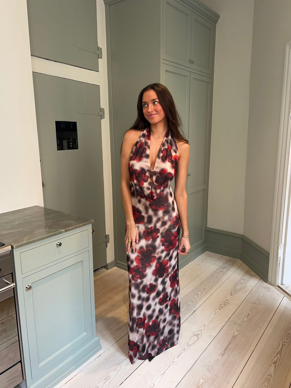 Columbine maxi dress  - White/brown with red flowers