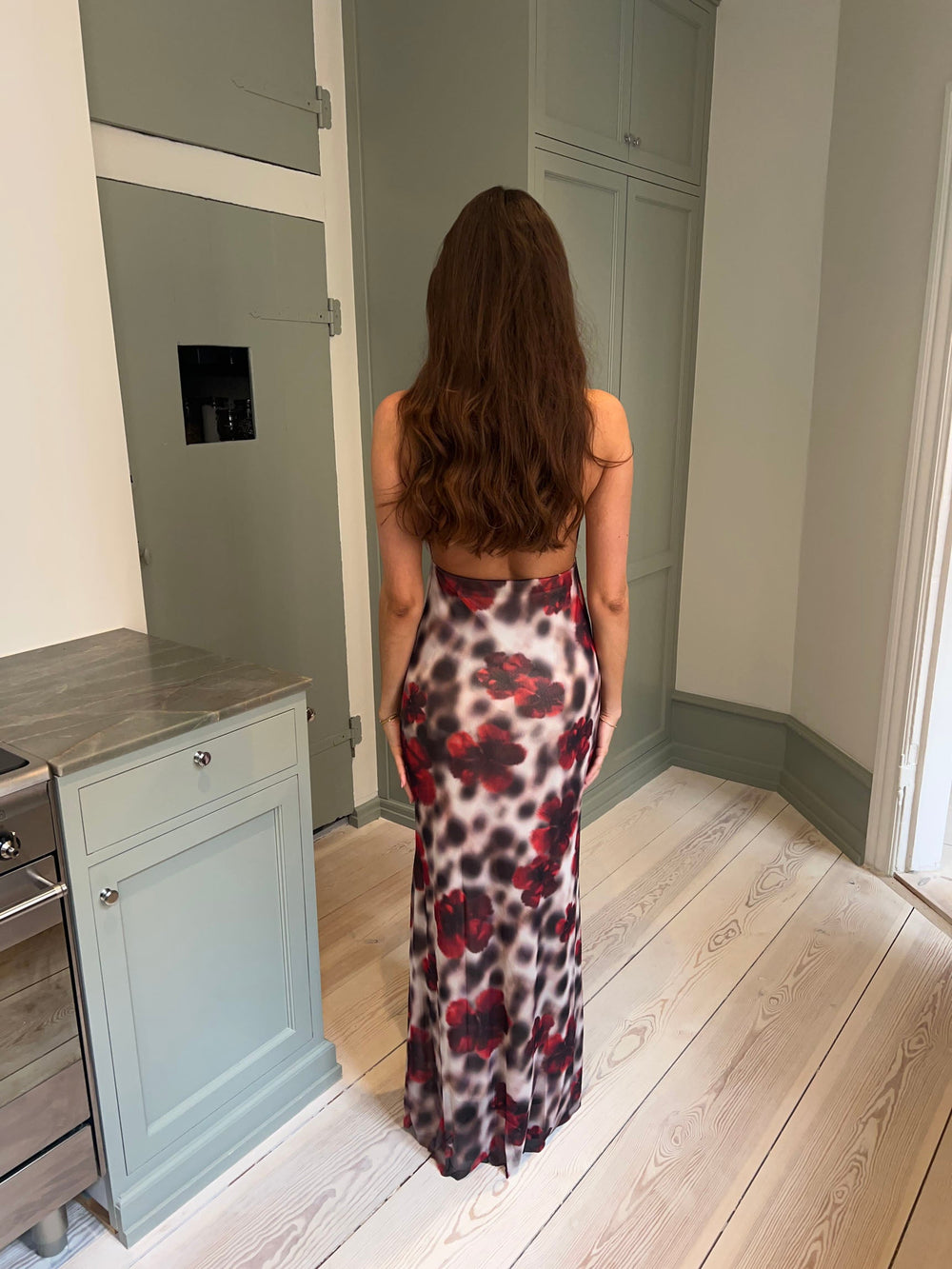 Columbine maxi dress  - White/brown with red flowers
