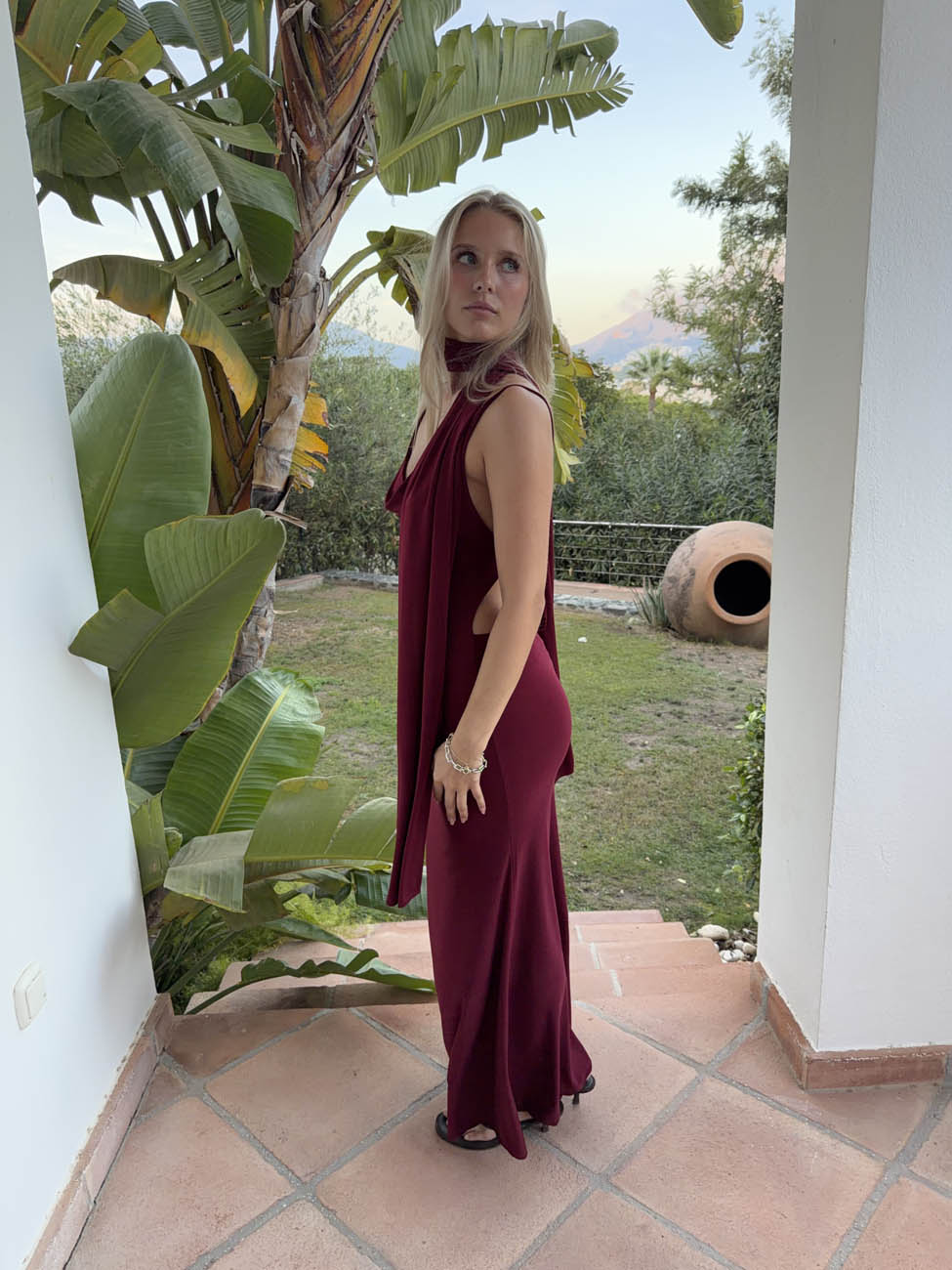 Designby Si Vinja Maxi Dress with Shawl Red/Burgundy - Size M/L - Womens Dresses Designby Si Vinja Maxi Dress with Shawl Red/Burgundy - Size M/L - Womens Dresses