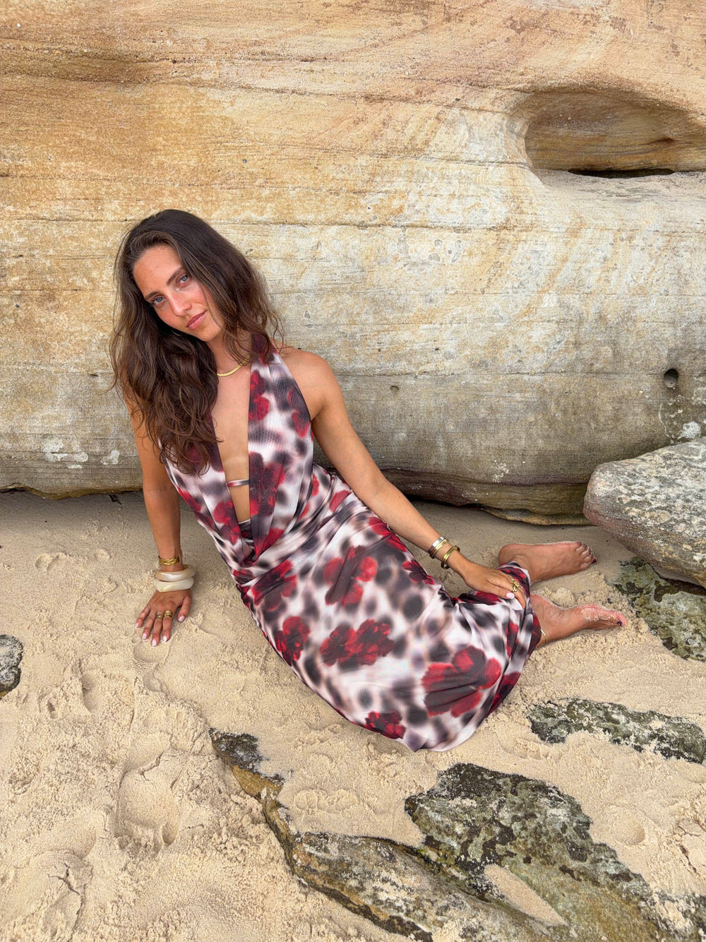 Columbine maxi dress  - White/brown with red flowers