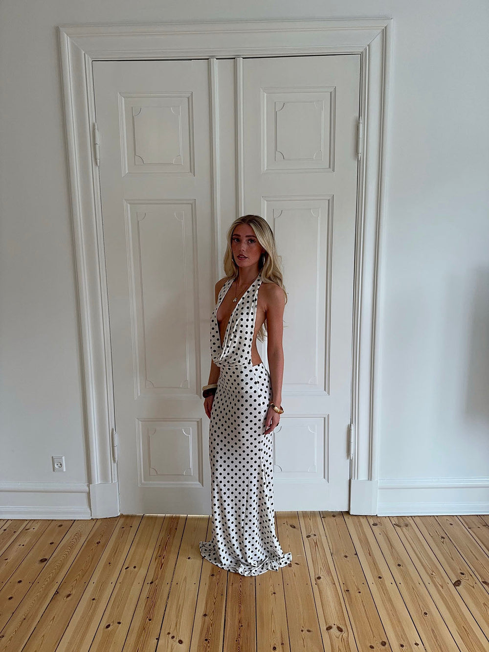 Maltina polka dot maxi dress – White/Dark brown