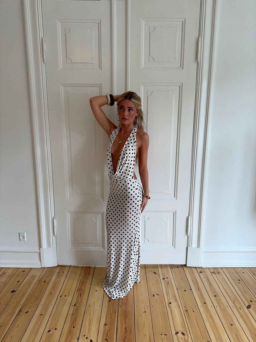 Maltina polka dot maxi dress – White/Dark brown