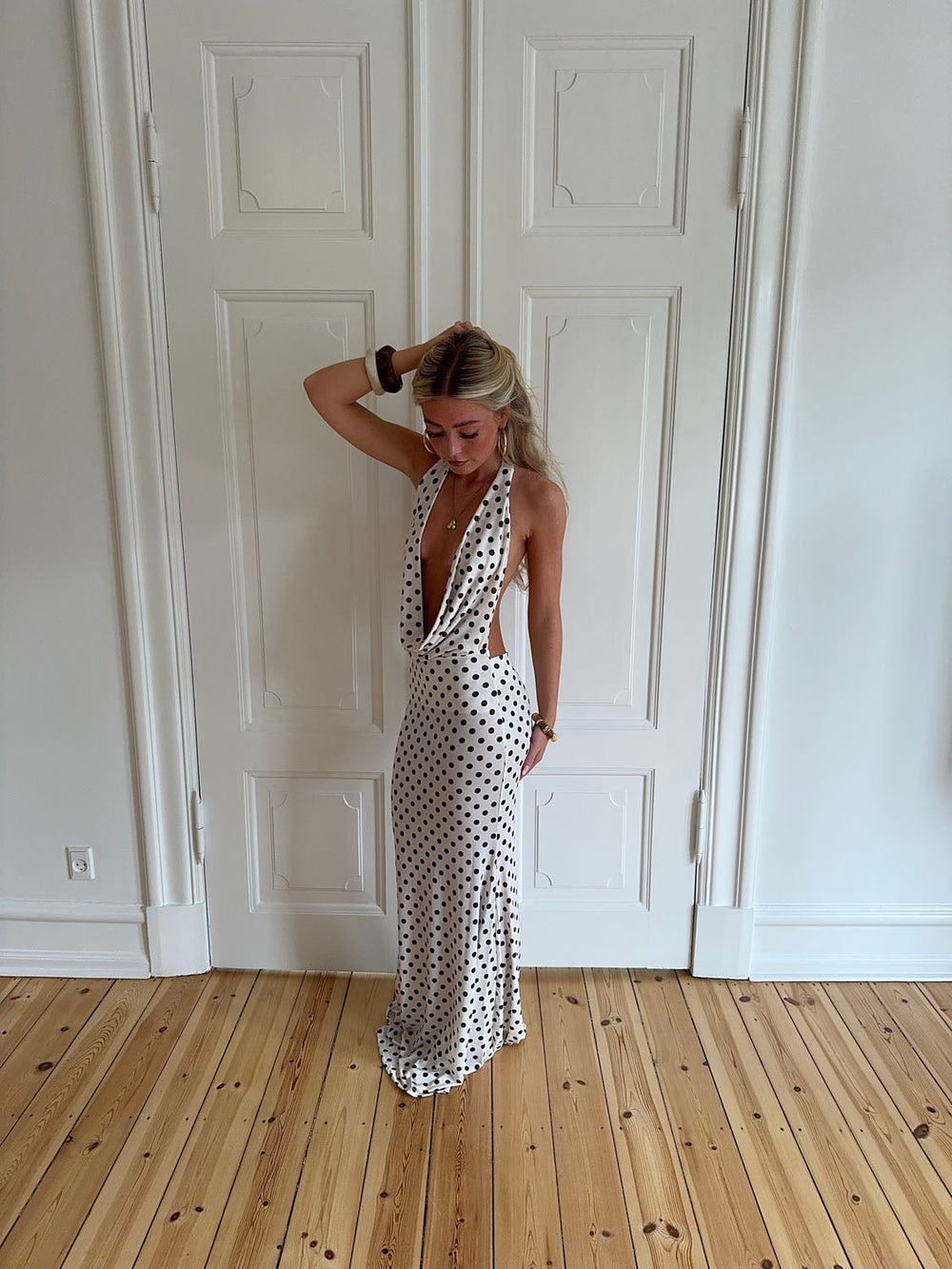 Maltina polka dot maxi dress – White/Dark brown