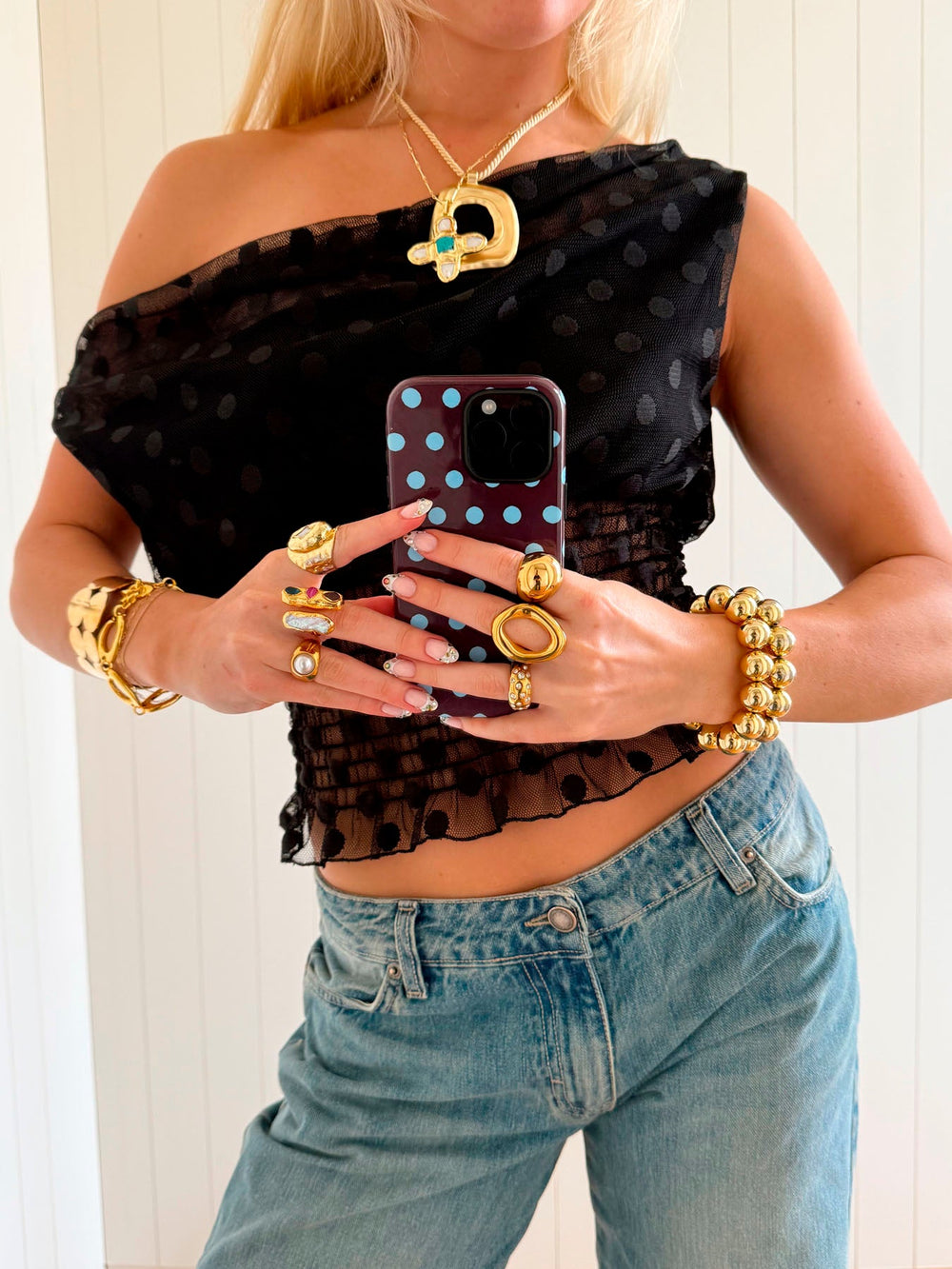 Scandivv mesh top with polka dots - Black