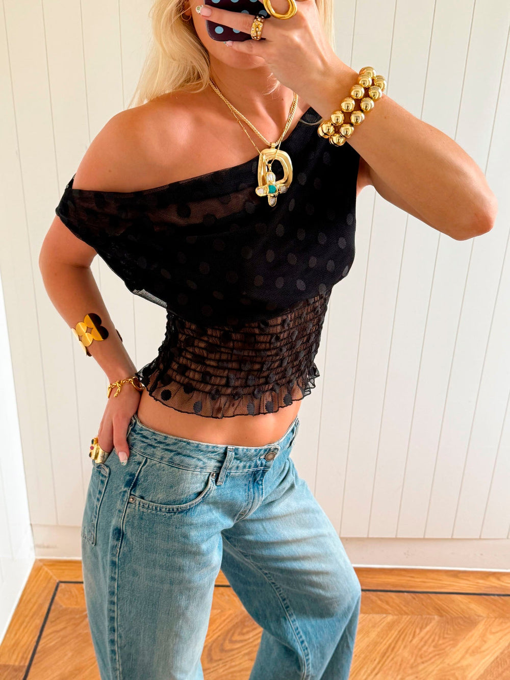 Scandivv mesh top with polka dots - Black