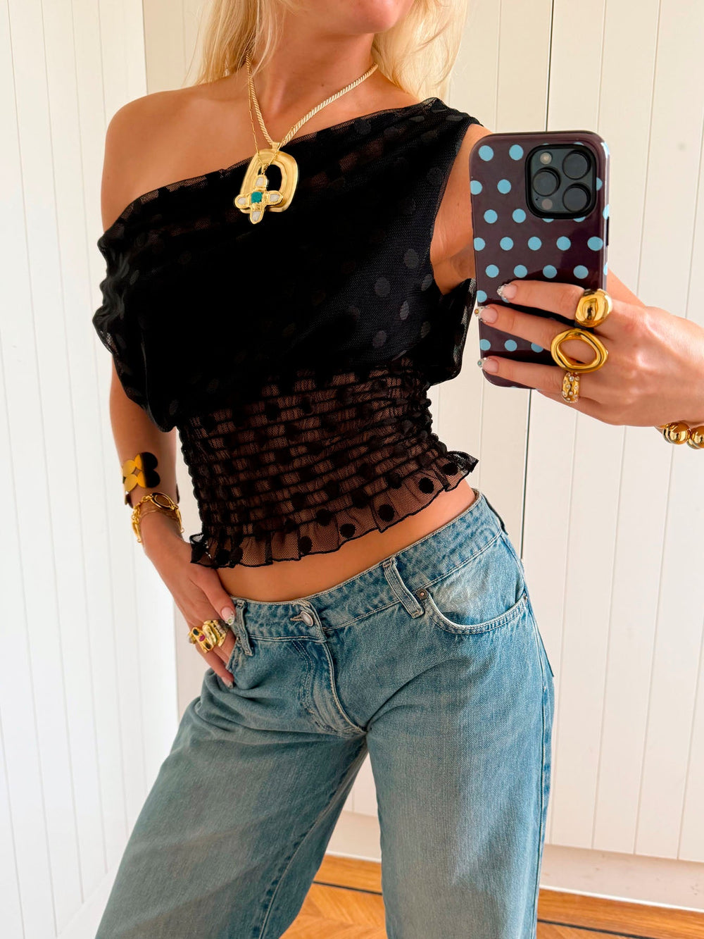 Scandivv mesh top with polka dots - Black