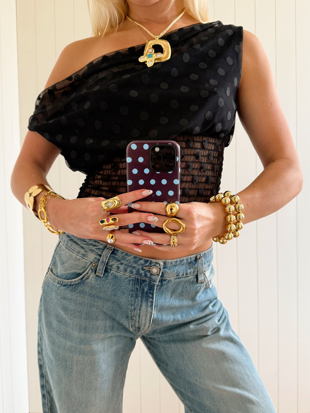 Scandivv mesh top with polka dots - Black
