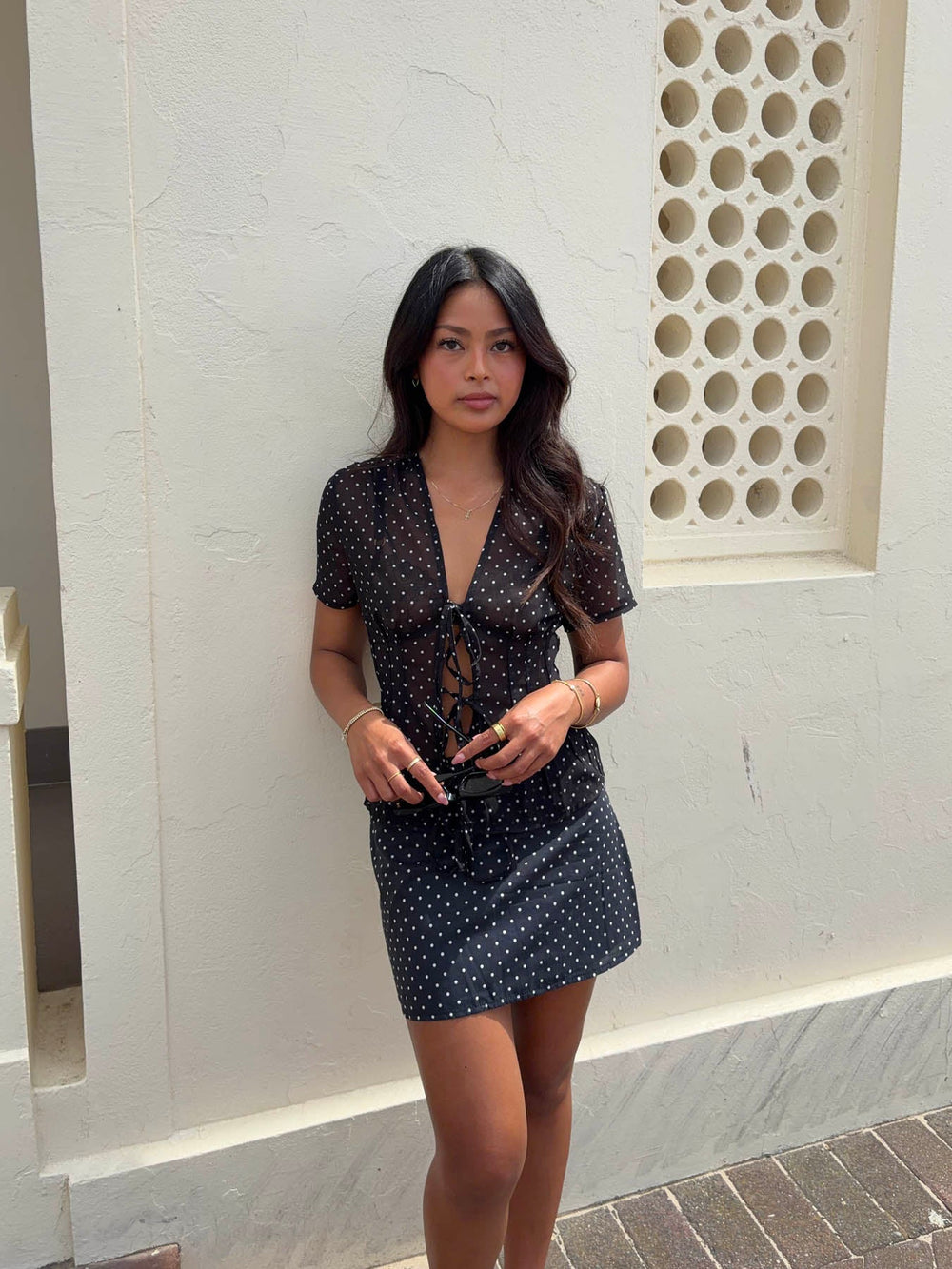 Silivia mesh t-shirt with polka dots – Black/white