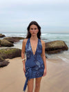 Pau halterneck dress with flowers - Navy
